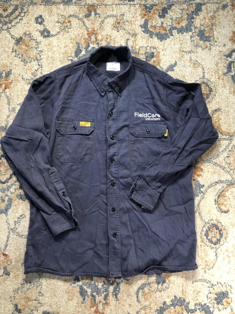 LAPCO FR Shirt Mens L Blue Solid Long Sleeve FR Button Up FieldCore GE Workwear